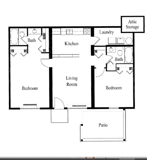 Floor plan for 2 beds, 2 baths, 864 sqft